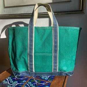 L.L. BEAN Vintage 80s Boat and Tote XL Bag Green & Navy Blue Sawtooth Maine RARE